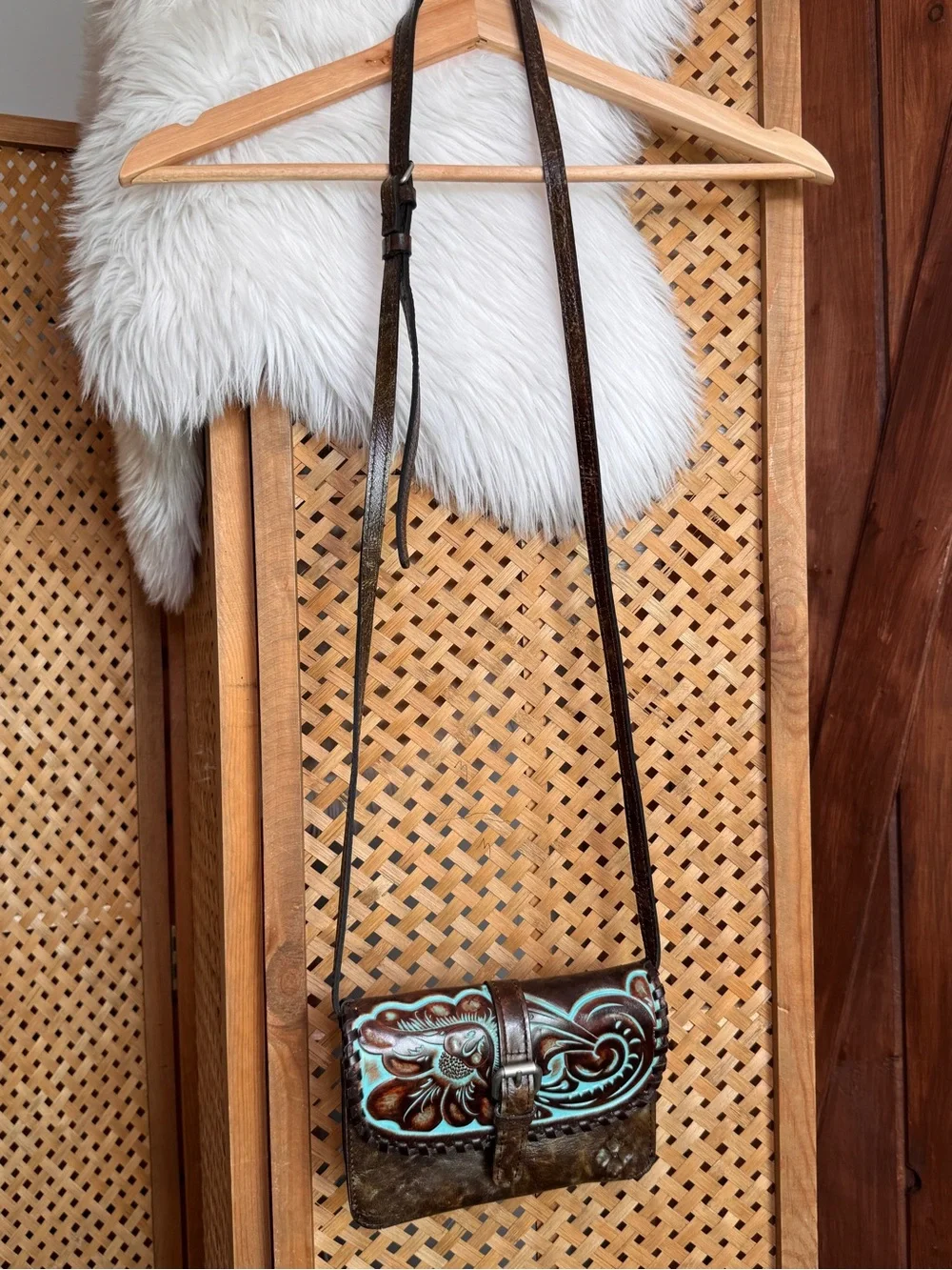 Patricia Nash Brown Leather Crossbody with Turquoise Tooled Floral